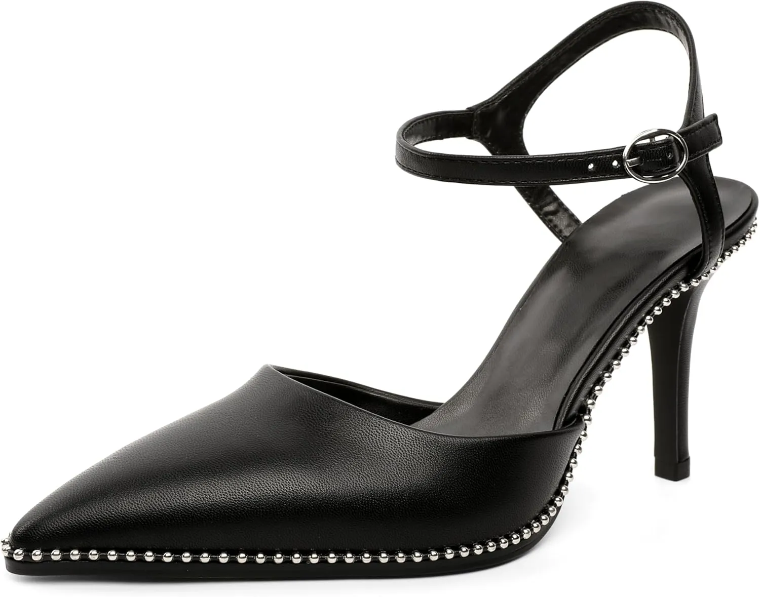YODEKS Women's Ankle Strap Slingback Heels Pointed Toe Beaded High Heel Pumps 3.5 Inch Shoes Size 5-13