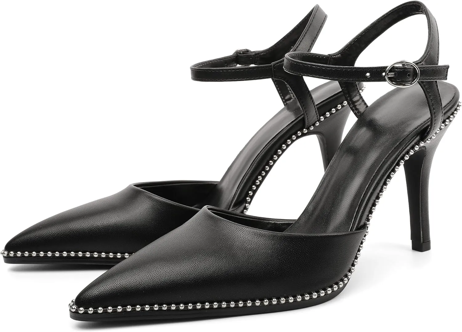 YODEKS Women's Ankle Strap Slingback Heels Pointed Toe Beaded High Heel Pumps 3.5 Inch Shoes Size 5-13