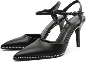 YODEKS Women's Ankle Strap Slingback Heels Pointed Toe Beaded High Heel Pumps 3.5 Inch Shoes Size 5-13