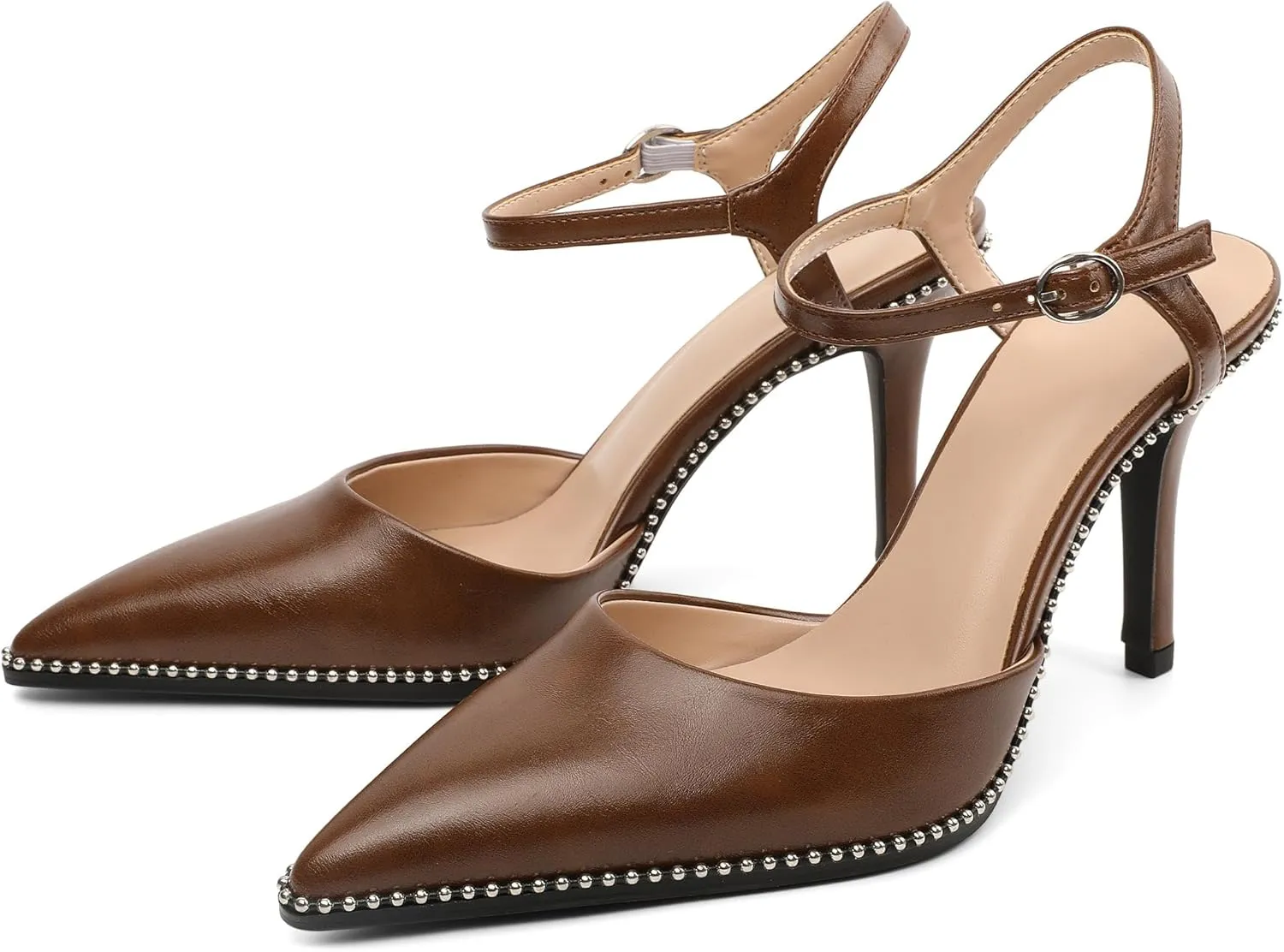 YODEKS Women's Ankle Strap Slingback Heels Pointed Toe Beaded High Heel Pumps 3.5 Inch Shoes Size 5-13