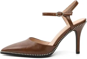 YODEKS Women's Ankle Strap Slingback Heels Pointed Toe Beaded High Heel Pumps 3.5 Inch Shoes Size 5-13