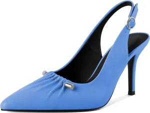 YODEKS Women's Slingback Heels Pointed Toe Beaded Metal Buckle Bar High Heel Pumps 3.5 Inch Shoes US Size 5-13