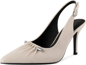 YODEKS Women's Slingback Heels Pointed Toe Beaded Metal Buckle Bar High Heel Pumps 3.5 Inch Shoes US Size 5-13