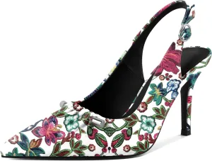 YODEKS Women's Slingback Heels Pointed Toe Beaded Metal Buckle Bar High Heel Pumps 3.5 Inch Shoes US Size 5-13