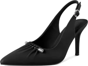 YODEKS Women's Slingback Heels Pointed Toe Beaded Metal Buckle Bar High Heel Pumps 3.5 Inch Shoes US Size 5-13