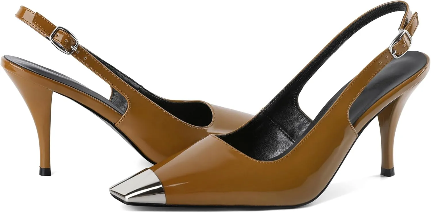 YODEKS Women's Slingback Heels Silver Cap Toe Heels High Heel Pumps 3.5 Inch Two Toned Shoes US Size 5-13