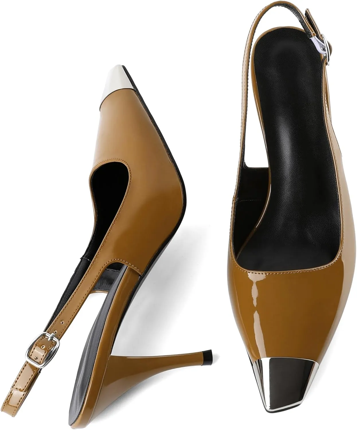 YODEKS Women's Slingback Heels Silver Cap Toe Heels High Heel Pumps 3.5 Inch Two Toned Shoes US Size 5-13
