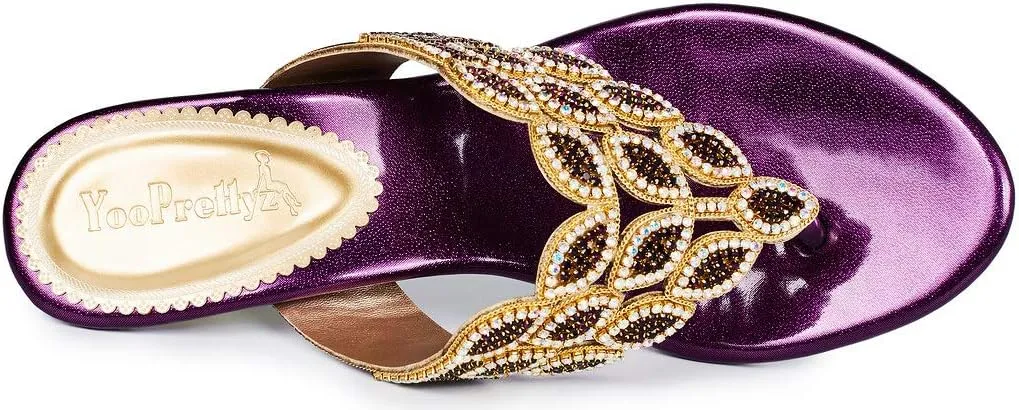 YooPrettyz Women Summer Rhinestone Thong Strap Sandals Slid Gold Chunky Low Heels