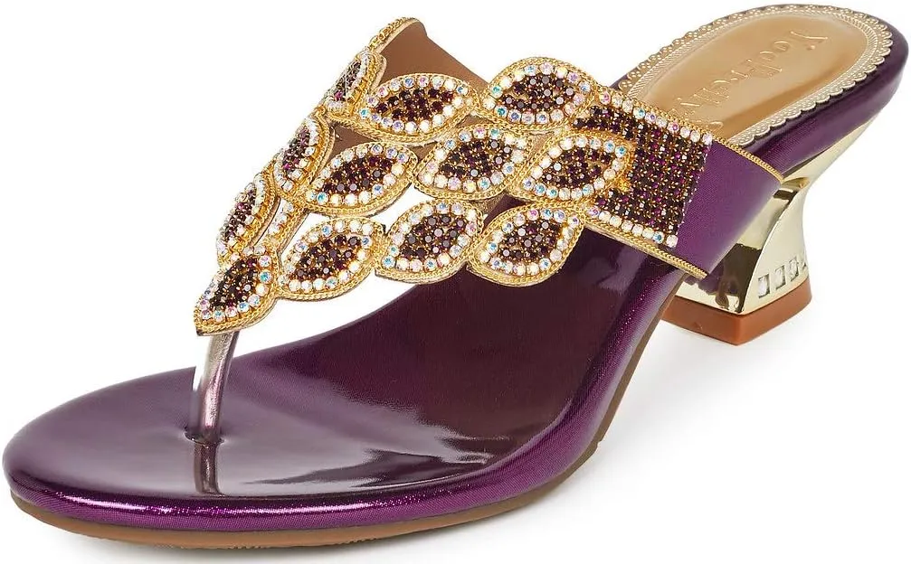 YooPrettyz Women Summer Rhinestone Thong Strap Sandals Slid Gold Chunky Low Heels