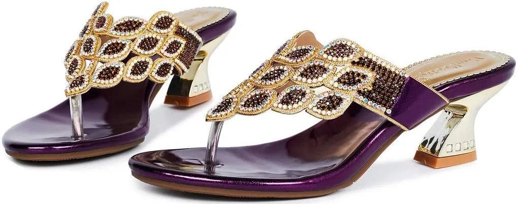 YooPrettyz Women Summer Rhinestone Thong Strap Sandals Slid Gold Chunky Low Heels