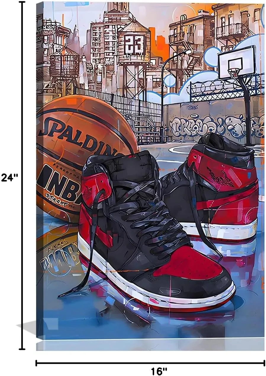 YOXORDQ Basketball Poster Wall Art Graffiti Sneakers Picture Wall Decor Boys Men Living Room Bedroom Canvas Print 16x24 Inch - Frame