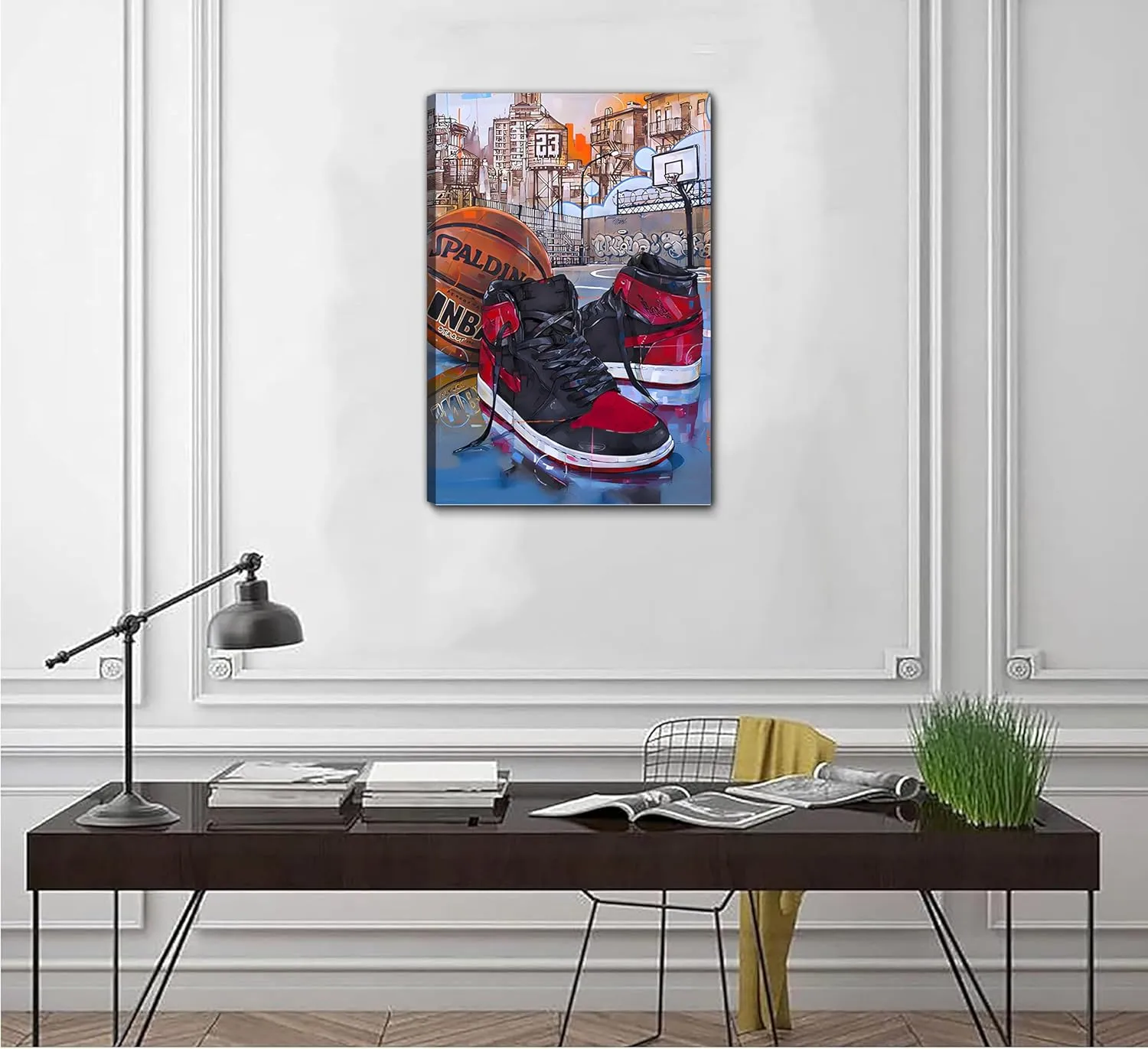 YOXORDQ Basketball Poster Wall Art Graffiti Sneakers Picture Wall Decor Boys Men Living Room Bedroom Canvas Print 16x24 Inch - Frame