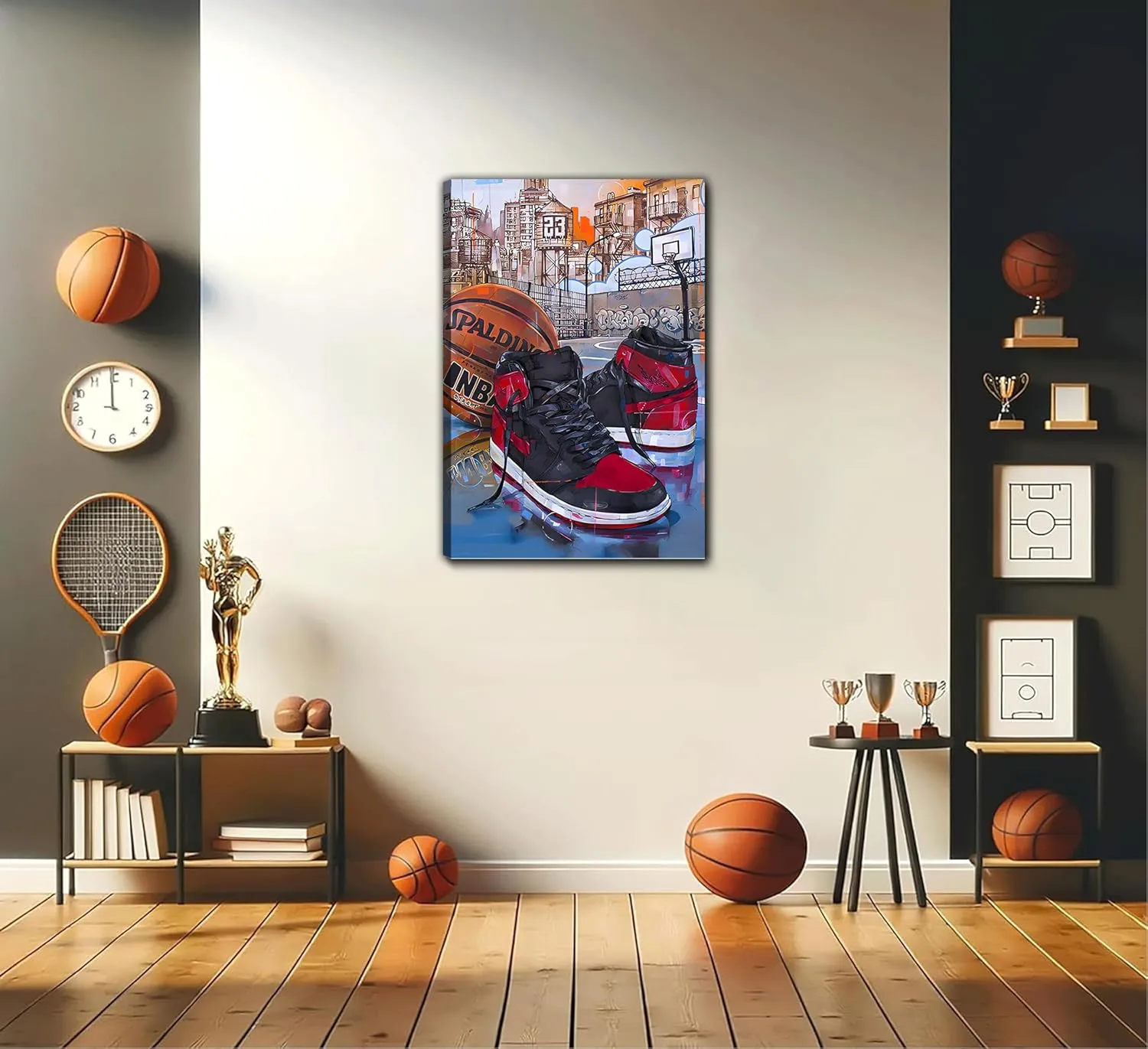 YOXORDQ Basketball Poster Wall Art Graffiti Sneakers Picture Wall Decor Boys Men Living Room Bedroom Canvas Print 16x24 Inch - Frame