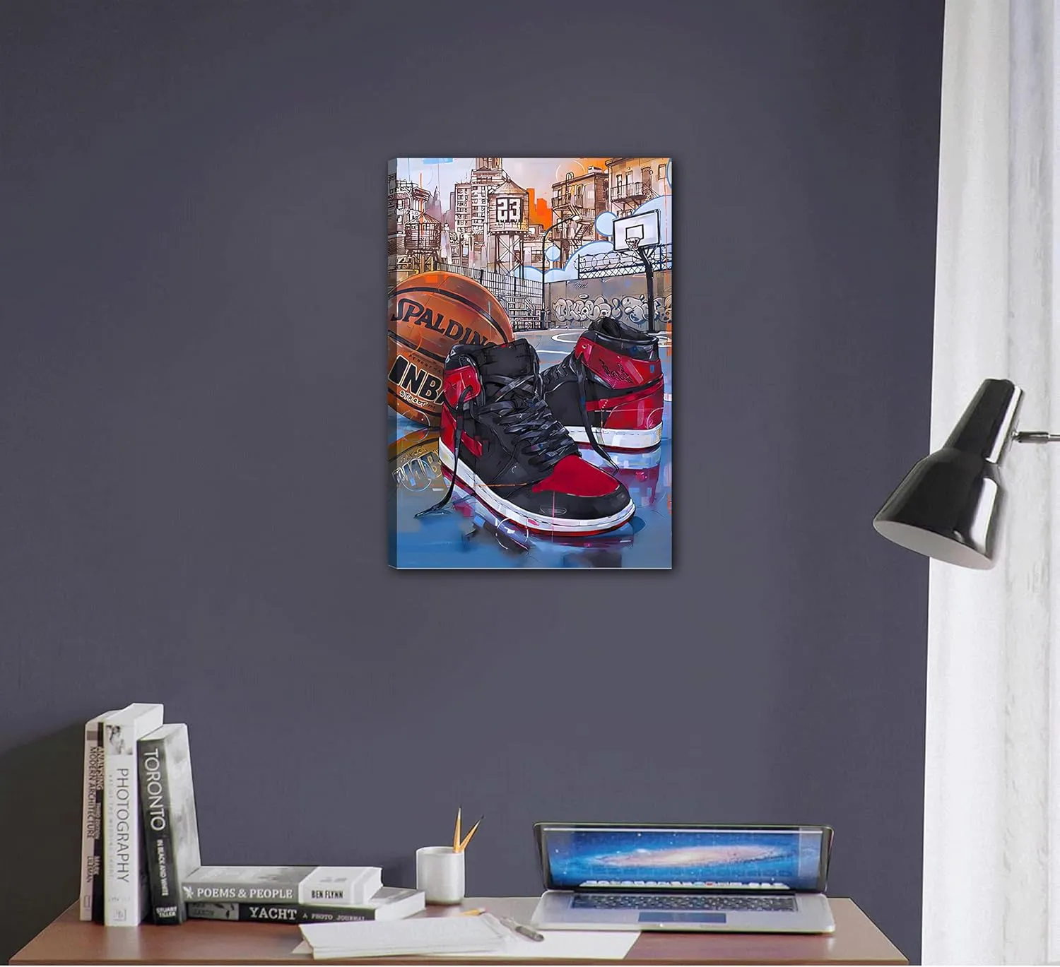 YOXORDQ Basketball Poster Wall Art Graffiti Sneakers Picture Wall Decor Boys Men Living Room Bedroom Canvas Print 16x24 Inch - Frame
