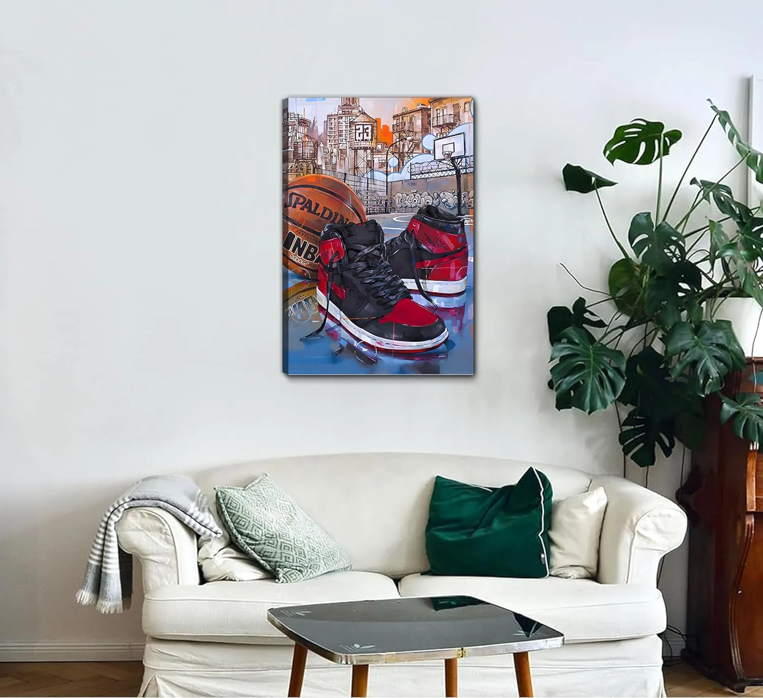 YOXORDQ Basketball Poster Wall Art Graffiti Sneakers Picture Wall Decor Boys Men Living Room Bedroom Canvas Print 16x24 Inch - Frame
