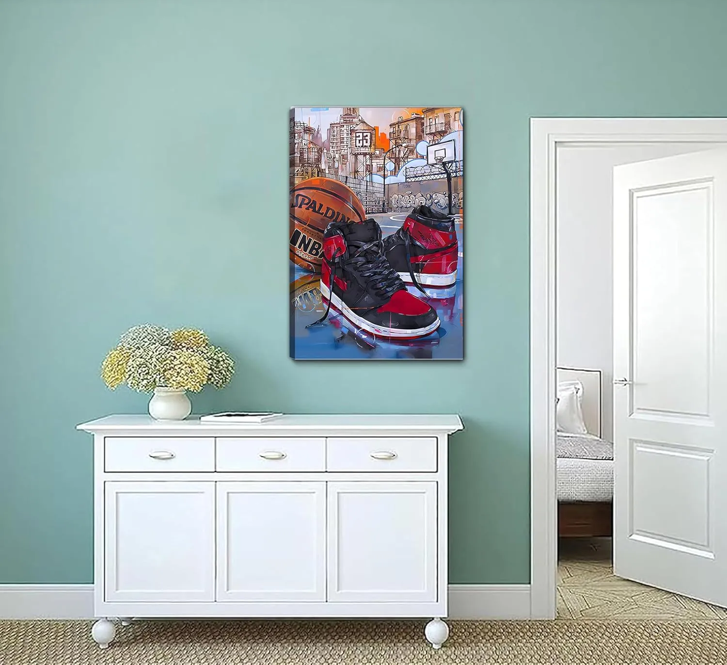 YOXORDQ Basketball Poster Wall Art Graffiti Sneakers Picture Wall Decor Boys Men Living Room Bedroom Canvas Print 16x24 Inch - Frame