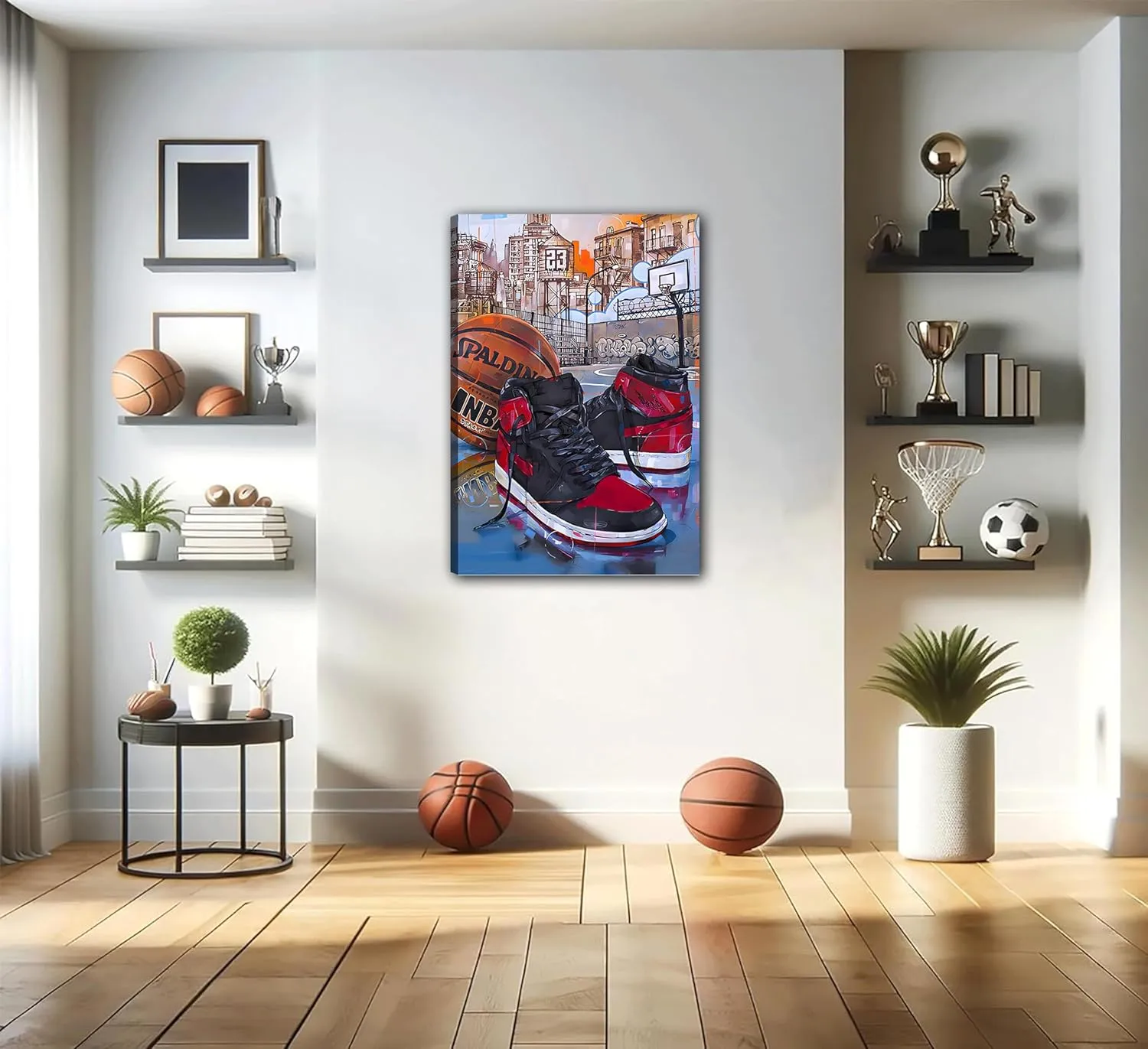 YOXORDQ Basketball Poster Wall Art Graffiti Sneakers Picture Wall Decor Boys Men Living Room Bedroom Canvas Print 16x24 Inch - Frame