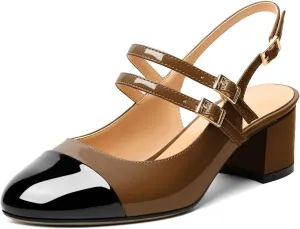 Zamikoo Women's Slingback Heels Round Cap Toe Low Block Heel Pumps with Adjustable Buckle, 2 Inches Heeled Sandals Office Dress Pumps Shoes
