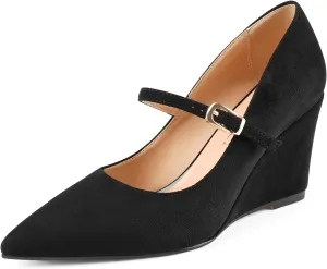 Z.Oufeier Womens Pointy Toe Suede Buckle Ankle Strap Mary Jane Wedge High Heels Wedding Party Dress Business Pumps Shoes 3.4 Inches