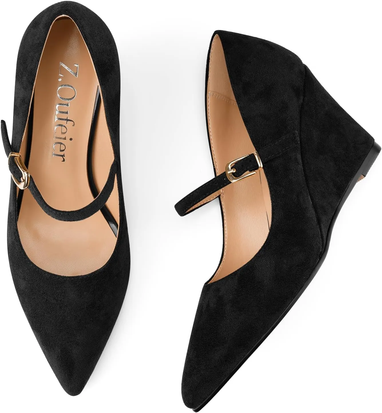 Z.Oufeier Womens Pointy Toe Suede Buckle Ankle Strap Mary Jane Wedge High Heels Wedding Party Dress Business Pumps Shoes 3.4 Inches