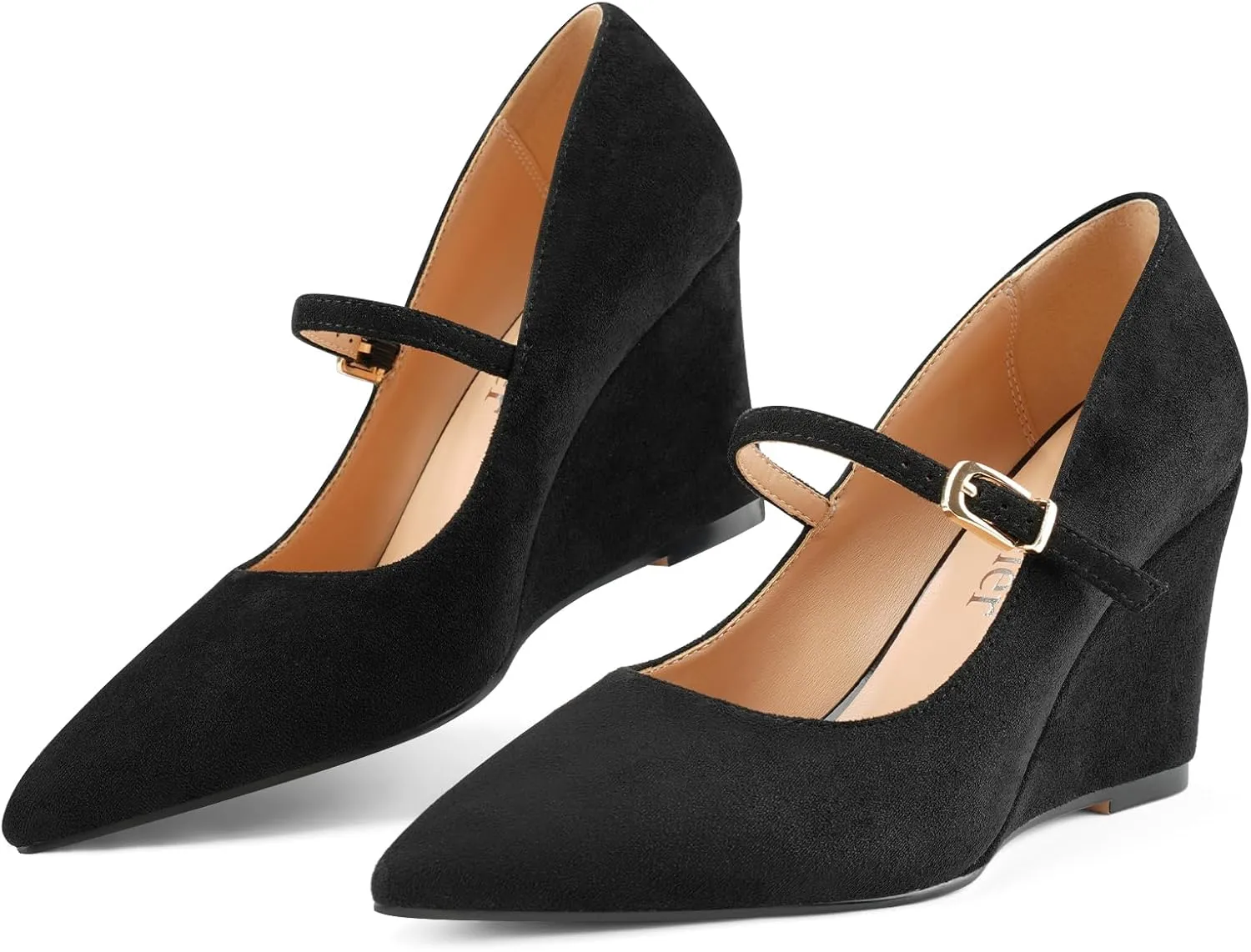 Z.Oufeier Womens Pointy Toe Suede Buckle Ankle Strap Mary Jane Wedge High Heels Wedding Party Dress Business Pumps Shoes 3.4 Inches
